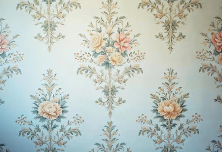 Intricate floral patterns in soft pastels bring a touch of nostalgia to the vintage-inspired room. The delicate designs create a serene ambiance, inviting warmth and charm.の素材