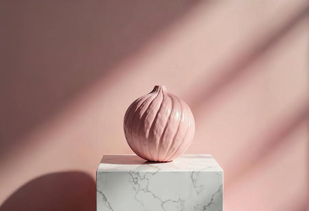 A beautifully crafted pink ceramic vase sits atop a marble pedestal against a soft pink wall. The gentle curves of the vase catch the sunlight, creating a tranquil atmosphere.の素材