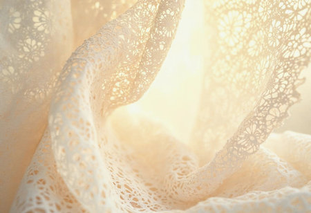 Sunlight dances through intricate lace fabric, casting soft shadows and highlighting the delicate patterns. The scene exudes a warm, inviting atmosphere, perfect for a serene moment.の素材