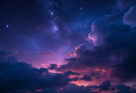 Twinkling stars and a vibrant Milky Way stretch across the darkened sky, where fluffy clouds softly reflect shades of pink and blue, creating a breathtaking cosmic canvas at twilight.の素材