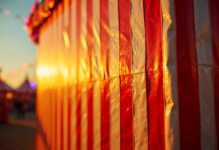 A carnival tent with bold red and white stripes catches the warm light of sunset. The sun's rays create a magical atmosphere, enhancing the festive mood of the fairground.の素材
