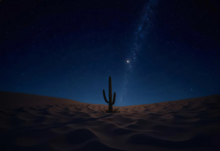 Under a vast starry sky, a lone cactus stands amidst soft desert sand, illuminated by moonlight. The peacefulness of the scene evokes a deep connection with nature at night.の素材