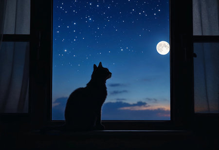 Under a blanket of twinkling stars, a serene cat sits on a windowsill, mesmerized by the bright full moon illuminating the tranquil night. A moment of peace and wonder unfolds.の素材