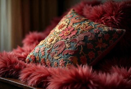 A beautifully embroidered pillow sits against a backdrop of soft, plush fabric, showcasing vibrant colors and detailed floral designs. The atmosphere is warm and inviting.の素材