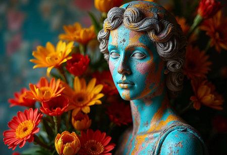 A striking blue and orange statue stands amidst a riot of colorful flowers, creating a captivating display of artistry and nature. The floral backdrop enhances the statue's unique charm.の素材