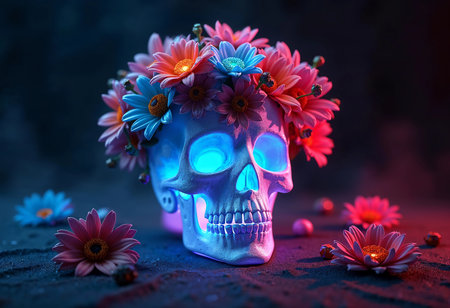A decorative skull adorned with colorful flowers sits on a dark surface. Soft blue and pink lighting enhances the vibrant petals, creating an artistic and intriguing atmosphere.の素材
