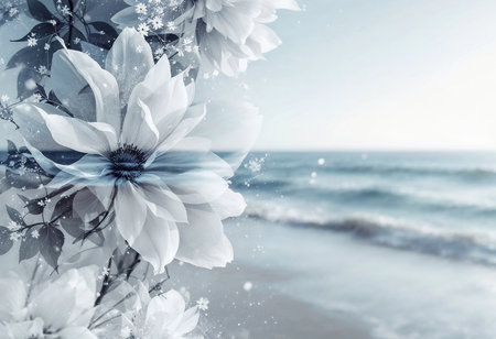A stunning interplay of soft white flowers and gentle ocean waves captures a serene moment at dawn. The harmonious blend of nature evokes tranquility and beauty by the seaside.の素材