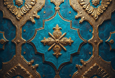 Ornate patterns adorn a beautifully crafted turquoise surface, featuring intricate gold detailing. The fusion of colors and textures exemplifies masterful artistry in interior decoration.の素材