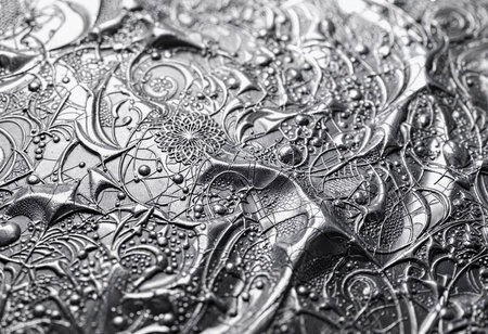 Silver patterns dance and intertwine, showcasing exquisite details and textures in soft glow. Each curve and line tells a story of craftsmanship and creative vision.の素材