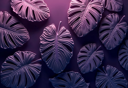 Intricate leaves dominate the surface, illuminated by a gentle purple glow. The rich textures and shadows play together, creating an artistic celebration of nature's beauty in a unique setting.の素材