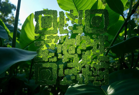 Among the vibrant green leaves, a unique QR code emerges, blending with nature. This captivating sight invites exploration in a tranquil jungle setting under bright daylight.の素材