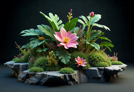 In a lush oasis, vivid flowers and tropical foliage thrive atop a rocky formation, creating an enchanting visual harmony.の素材