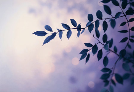 Delicate leaves stretch across a soft purple backdrop as daylight fades. The gentle interplay of light creates an ethereal atmosphere, inviting quiet contemplation and calm.の素材