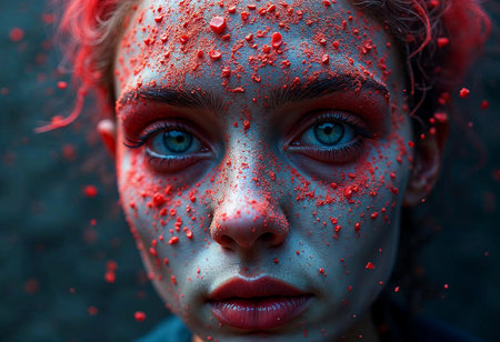 A young woman presents an intense gaze, her face adorned with vivid red splashes, representing a remarkable fusion of art and emotion. The contrast highlights her captivating blue eyes.の素材