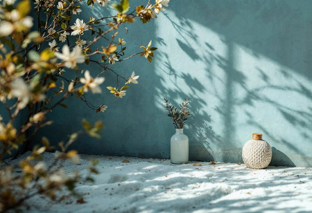 Sunlight filters through blooming branches, creating gentle shadows on the ground. Two elegant vases stand amid the serene atmosphere, inviting peace and reflection.の素材