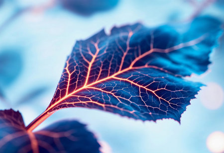 Delicate leaf showcases a stunning contrast of blue hues and fine vein patterns. Light filters through, highlighting its captivating details and creating an ethereal atmosphere.の素材