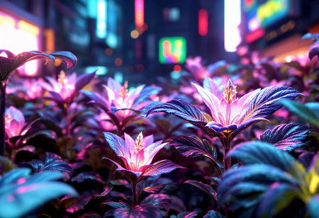 In a lively city, striking flowers with glowing petals rise from a verdant carpet. Neon lights illuminate the garden, creating a magical contrast against the night sky.の素材