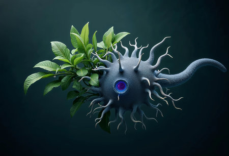 An imaginative blend showcases a dynamic microbial shape entwined with vibrant green leaves, reflecting an intriguing interplay of nature and abstract art against a dark background.の素材
