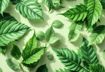 Delicate green leaves of various shapes lie gracefully atop a soft pastel backdrop, highlighting nature's intricate designs and colors in a refreshing display of life and vitality.の素材