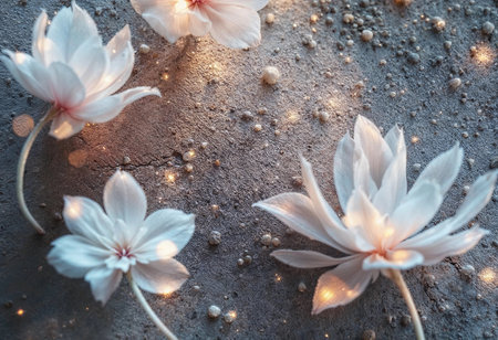 Delicate white flowers illuminate softly against a textured surface, casting a warm glow. Tiny spheres of light add a dreamy ambiance, perfect for a serene evening setting.の素材