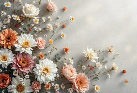 A stunning display of assorted flowers fills the space, featuring soft pink and white blooms, complemented by lush greenery and delicate daisies. This arrangement exudes elegance and tranquility.の素材