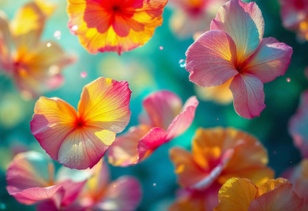 Vibrant hibiscus flowers flutter gracefully in a soft breeze, showcasing their dazzling shades of pink and orange. The sunlight bathes them, creating a mesmerizing display of color.の素材