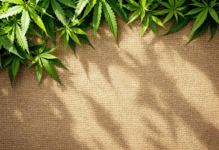Vibrant hemp leaves spread across a rustic burlap surface, their shadows creating intricate patterns in the afternoon light, showcasing nature's artistry and the beauty of organic materials.の素材