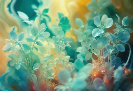 Delicate leaves emerge from an ethereal background of soft hues, capturing the tranquility of a peaceful morning. This enchanting display invites contemplation and admiration.の素材