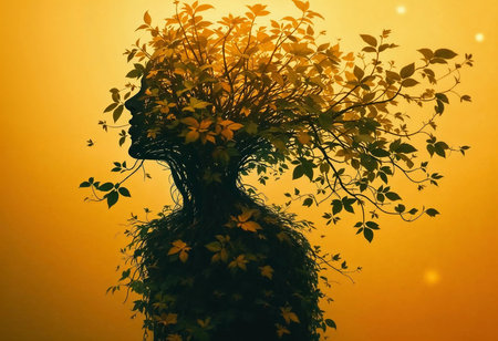 A silhouette of a human figure merges with lush foliage, depicting growth and connection to nature. The warm sunset lighting enhances the surreal harmony between humanity and the environment.の素材