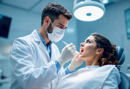 In a contemporary dental clinic, a focused dentist carefully examines a patient's mouth while she sits comfortably in the chair. The room is well-lit, creating a calming atmosphere.の素材