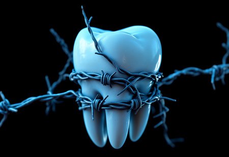 A striking blue tooth is fiercely wrapped in sharp barbed wire, highlighting a powerful metaphor for dental battles, pain, and resilience in oral health amid darkness and conflict.の素材