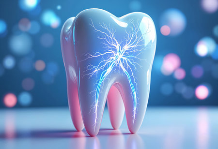 A luminous tooth stands center stage, radiating electric sparks against a soft blue backdrop. The vibrant illumination gives a sense of vitality and innovation.の素材