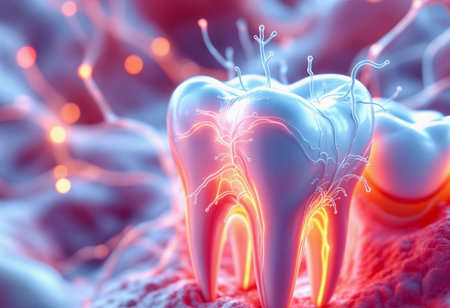 Brightly glowing teeth emerge from a vibrant, colorful background, showcasing intricate details of dental structures. This artistic representation hints at advancements in oral care and technology.の素材