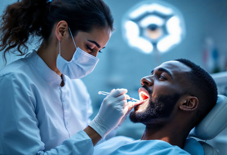 In a well-lit dental clinic, a focused dentist inspects a patient's mouth using specialized instruments. The atmosphere is calm, showcasing the importance of dental care and patient comfort.の素材