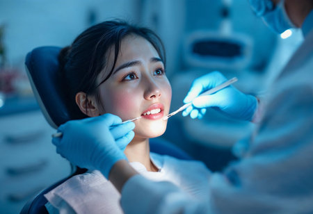 A young woman sits in a dental chair, smiling as the dentist examines her teeth with precision tools. Bright lights illuminate the clinic, creating a calm environment during the check-up.の素材