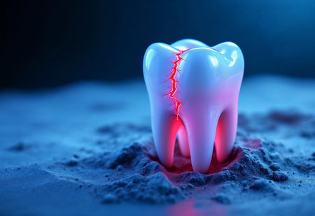A glowing white tooth with a deep crack stands out against a dark, misty backdrop. The vibrant red light showcases its fragile beauty, invoking thoughts of care and dental health.の素材