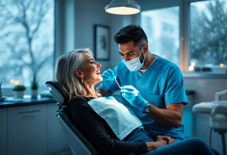 A dental professional attentively works on a smiling patient in a contemporary clinic. Soft lighting creates a calm atmosphere, emphasizing health and care in this evening setting.の素材