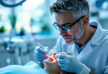 A skilled dentist focuses intently on a patient's dental care, using precision tools under bright examination lights. The atmosphere is calm and professional, emphasizing oral health.の素材