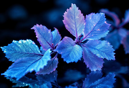 Delicate leaves display a stunning gradient of blue and purple hues, reflecting light beautifully against a dark background, creating an enchanting moment of natureの素材