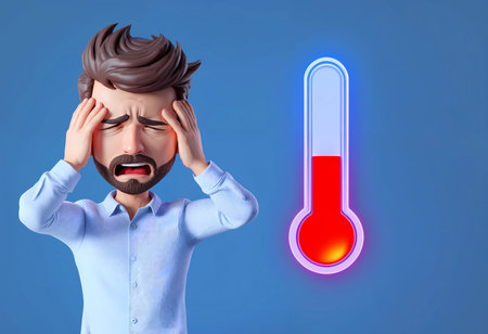 A cartoon character expresses discomfort, holding his head in distress. Next to him, a bright thermometer displays a high temperature, suggesting a heat-related issue, conveying urgency and concern.の素材