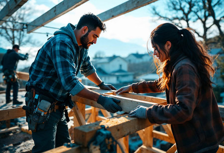 Two skilled individuals collaborate on a woodworking project, focused and engaged. The warm sunlight illuminates their efforts against a backdrop of nature and rising structures.の素材