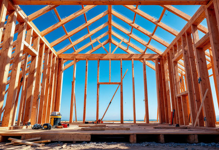 Builders are creating a sturdy framework for a new home along the coast. The sun shines brightly over the wooden structure, showcasing craftsmanship in the midst of an open, vibrant landscape.の素材