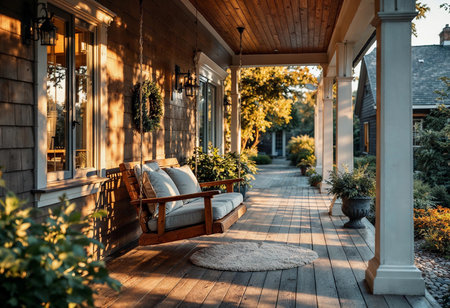 The inviting porch features a wooden swing chair basking in gentle sunlight, surrounded by lush greenery. A serene atmosphere captures the essence of a peaceful afternoon retreat.の素材