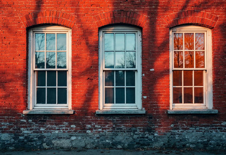 Soft evening sunlight casts warm shadows on a weathered red brick wall. Three tall windows frame the intricate patterns of light, creating a serene and nostalgic atmosphere.の素材