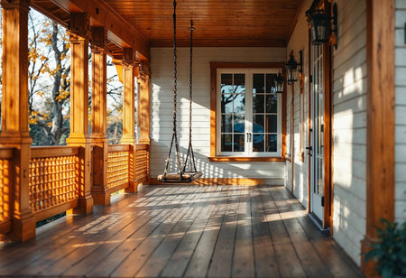 Golden rays of afternoon sunlight cascade over the charming porch, where a rustic swing invites relaxation. Wooden accents and intricate details create a welcoming atmosphere in a serene setting.の素材