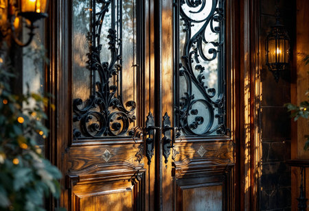 Sunlight gracefully filters through stunning wrought iron doors, highlighting rich wooden textures and casting enchanting shadows on the surrounding stone wall, creating a warm ambiance.の素材