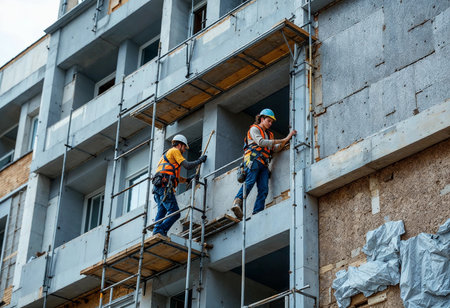 Two diligent construction workers are busy repairing the exterior of a multi-story building. They navigate scaffolding, showcasing teamwork and safety in the bustling urban environment.の素材