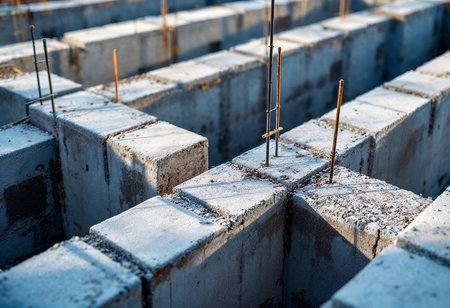 Early morning light illuminates a construction site where workers lay the foundation. Concrete blocks align perfectly, showcasing an organized and meticulous building process, fostering progress.の素材