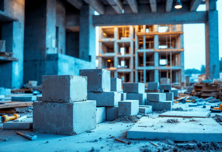 Stacks of concrete blocks and scattered tools fill the construction site, illuminated by warm lighting as workers prepare for an evening of busy activity in an emerging urban landscape.の素材