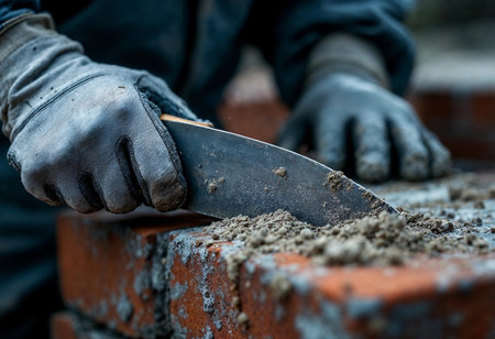 Skilled hands expertly spread mortar across red bricks, showcasing dedication to craftsmanship. The setting reflects a busy construction site filled with texture and muted colors.の素材